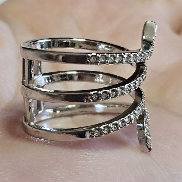 Silver Tone Clear Rhinestone Layered Wrap Ring Size 6.75 - Picture 2 of 12